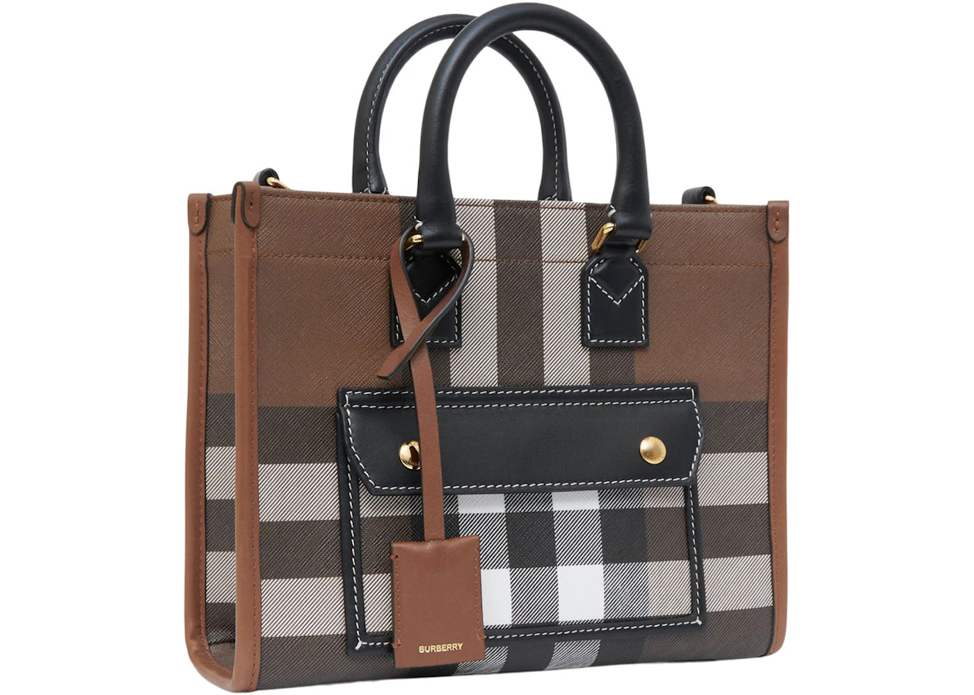 Burberry Mini Check and Leather Freya Tote Bag Dark Birch Brown