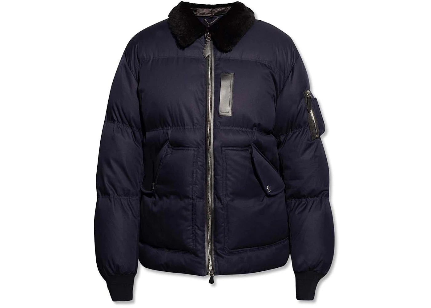 Burberry Shearling Collar Cotton Gabardine Puffer Jacket Navy