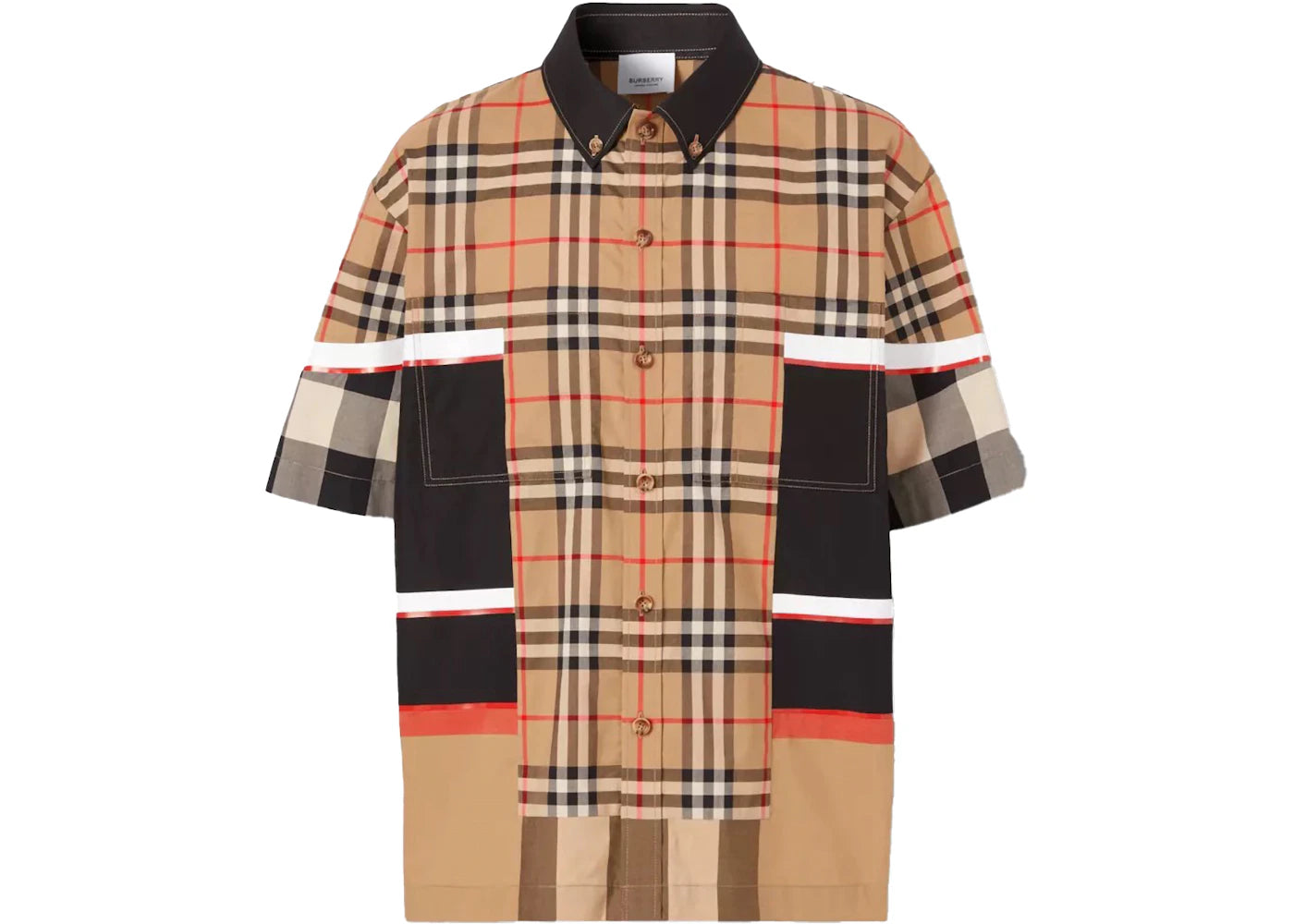 Burberry Short-Sleeve Patchwork Check Cotton Shirt Archive Beige