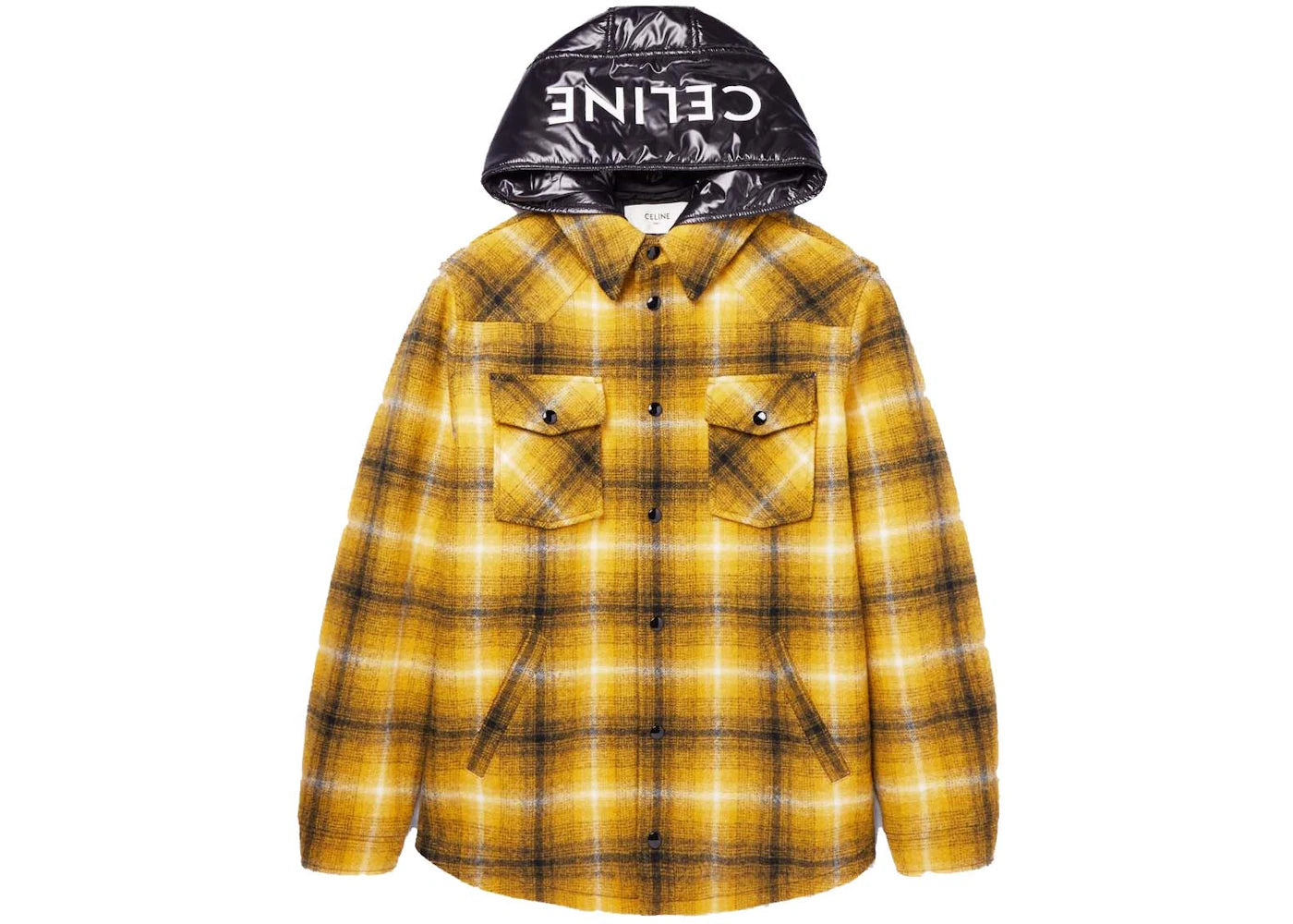 Celine Padded Checked Wool-Flannel and Shell Hooded Overshirt Yellow