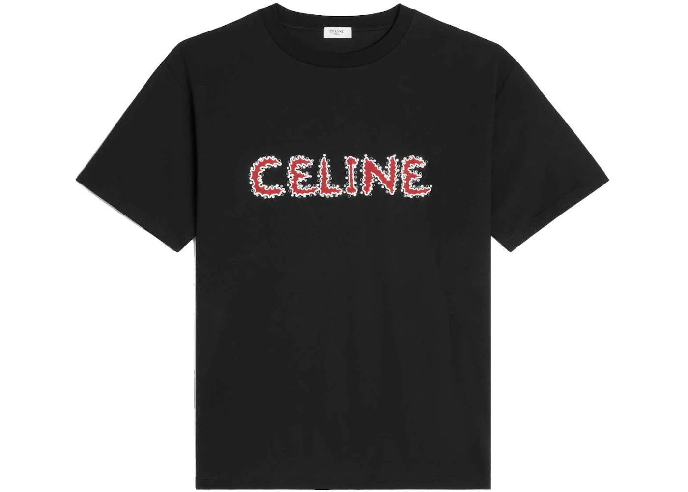 Celine Rhinestone Loose T-shirt In Cotton Jersey Black/Red