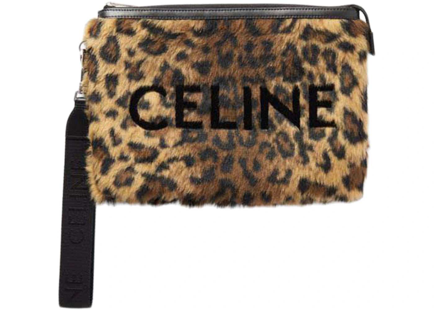 Celine Small Logo-Flocked Leopard-Print Faux Fur Pouch Natural/Black