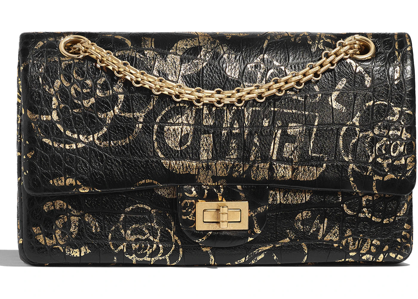 Chanel 2.55 Handbag Crocodile Embossed Printed Leather Gold-tone Black/Gold