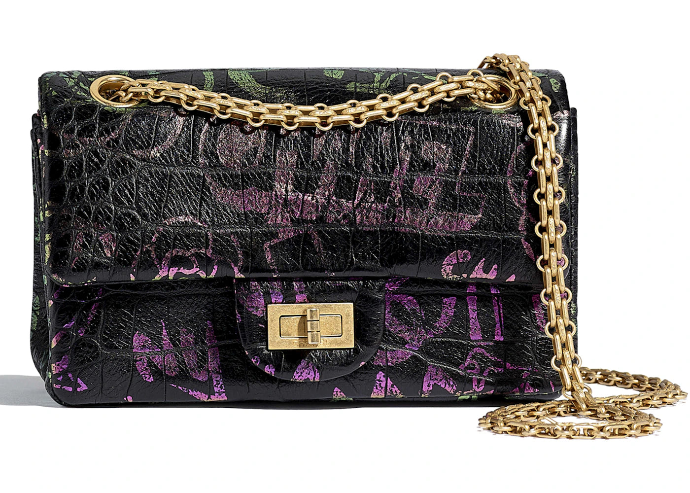 Chanel 2.55 Handbag Crocodile Embossed Printed Leather Gold-tone Small Black/Pink