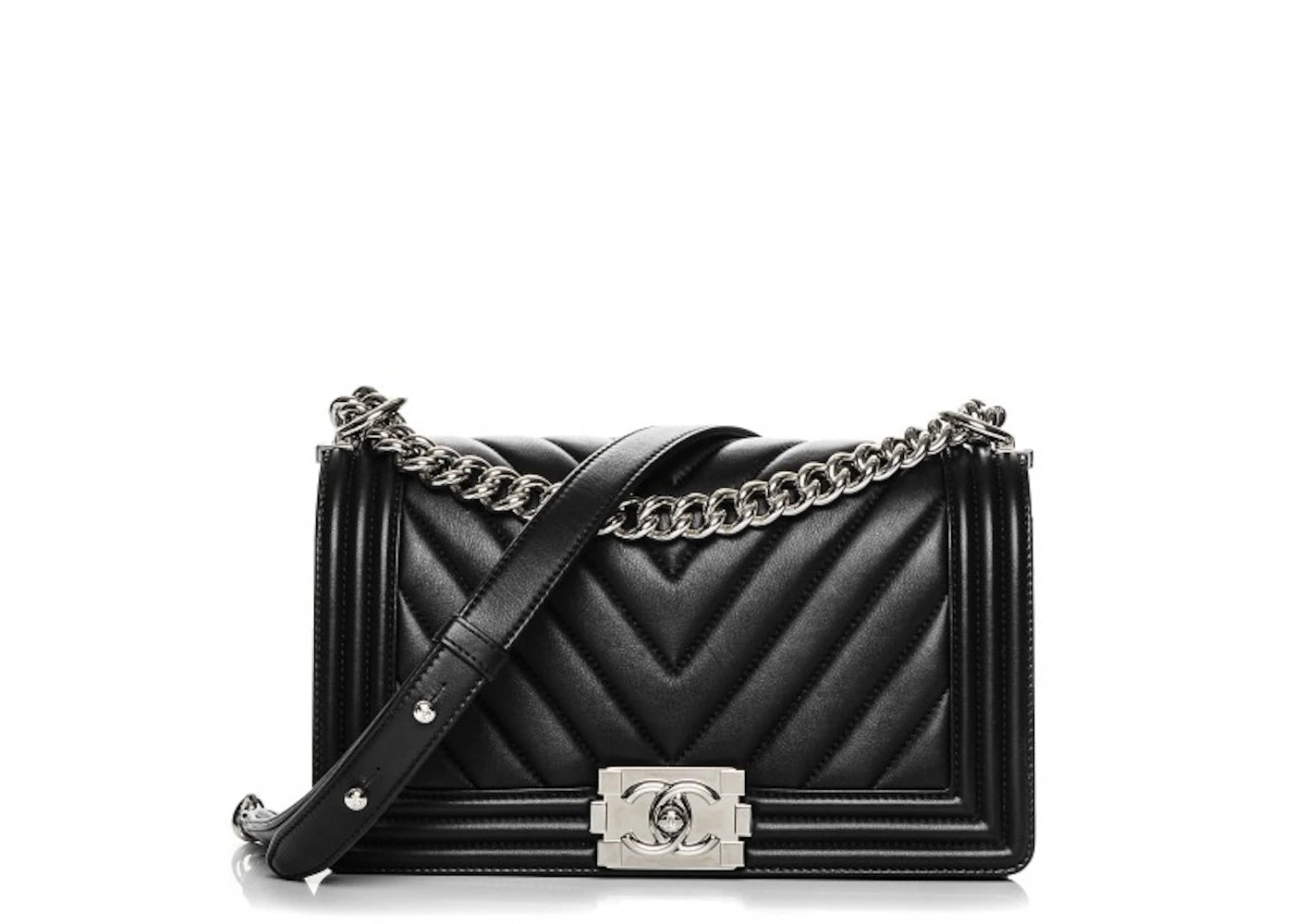 Chanel Boy Flap Chevron Calfskin Silver-tone Medium Black