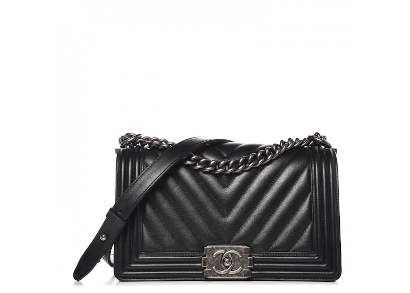 Chanel Boy Flap Chevron Calfskin Ruthenium Medium Black