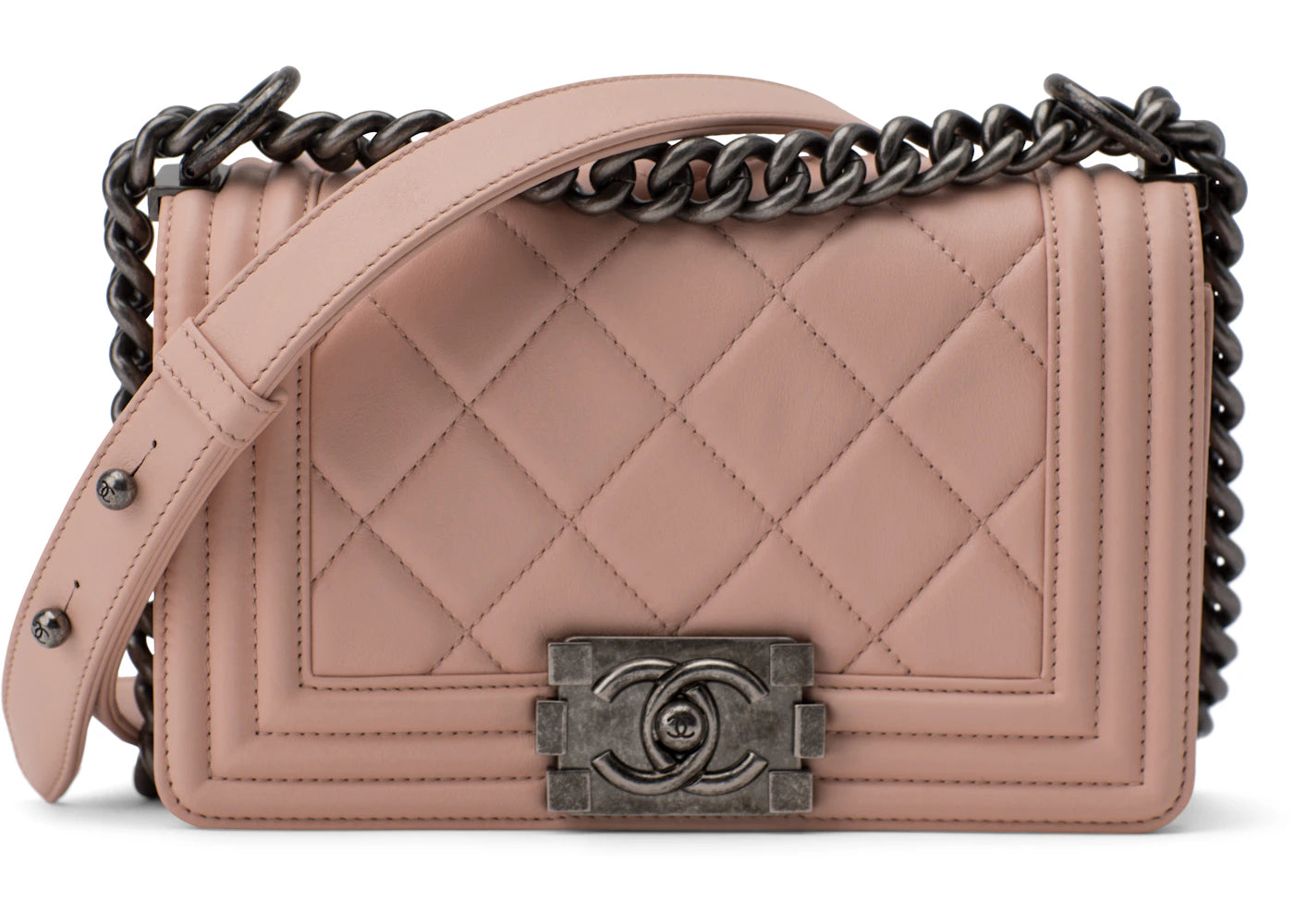 Chanel Boy Flap Quilted Large Stitch Lambskin Ruthenium Small Dusty Rose