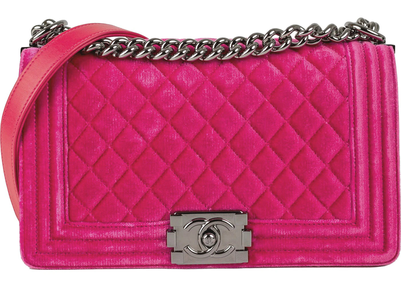 Chanel Boy Flap Quilted Velvet Ruthenium Medium Fuchsia