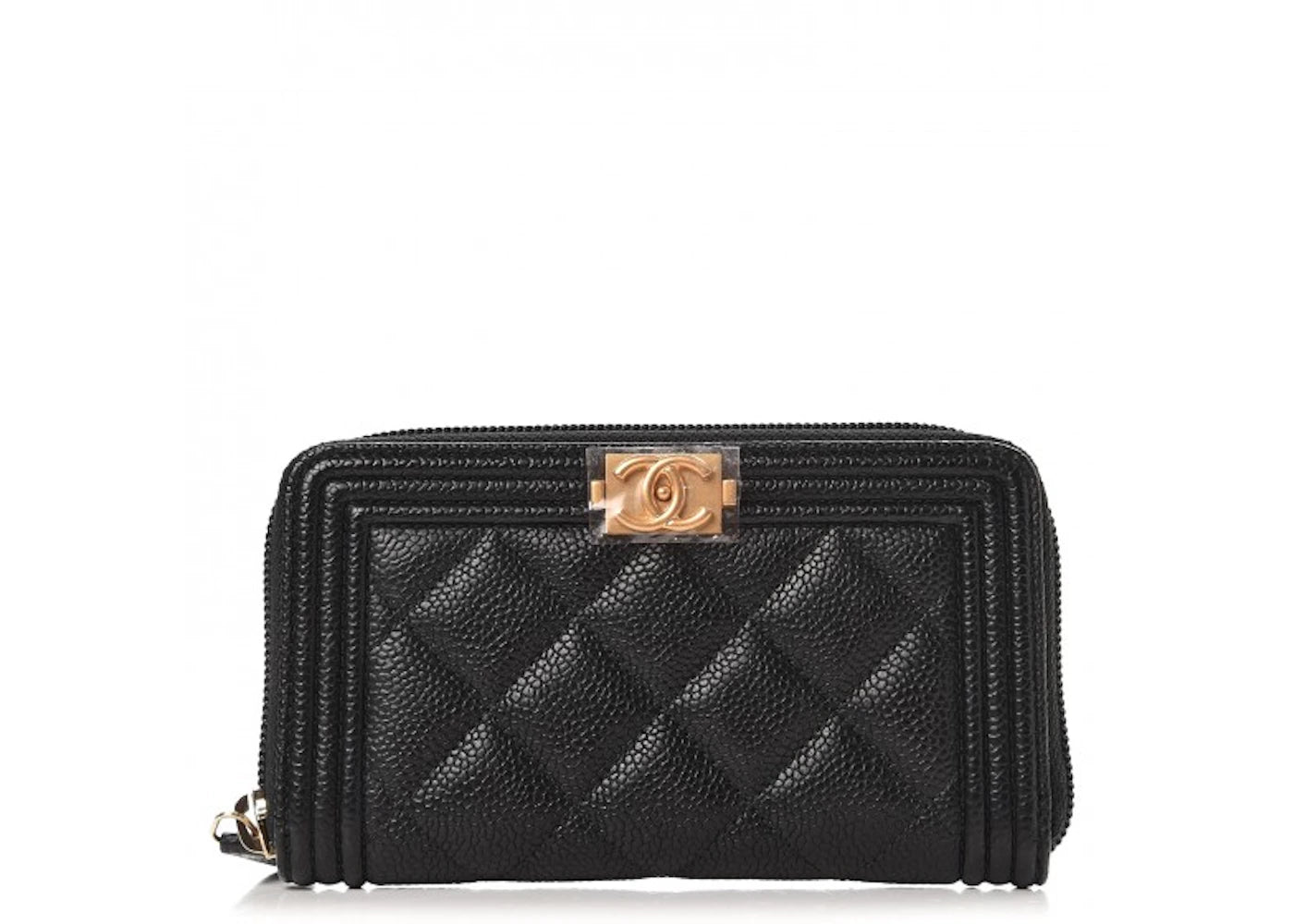 Chanel Boy Zip Around Wallet Quilted Caviar Matte Gold-tone Small Black