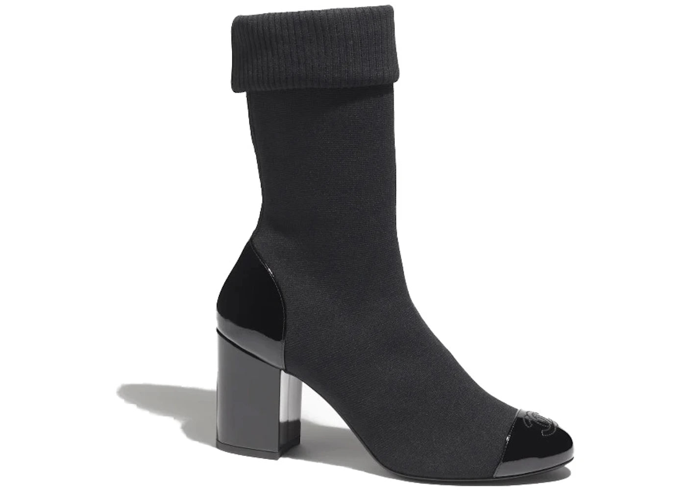 Chanel CC 80mm Ankle Boots Black Patent Knit