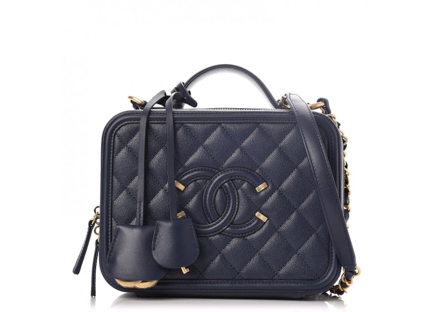 Chanel CC Filigree Vanity Case Quilted Medium Navy Blue