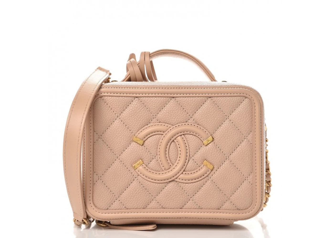 Chanel CC Filigree Vanity Case Quilted Caviar Gold-tone Small Beige