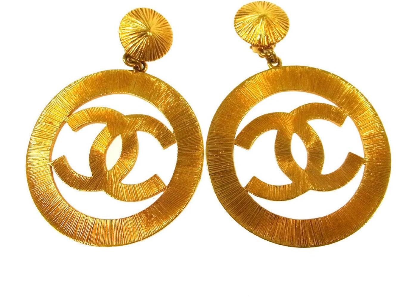 Chanel CC Hoop Clip On Earrings Textured Large Gold