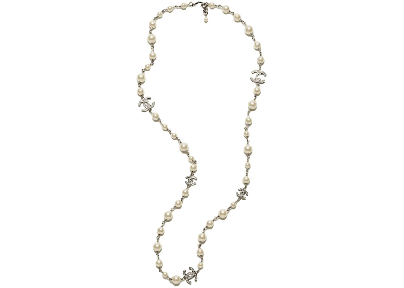 Chanel CC Logo Long Necklace Rhinestone Necklace Silver/Pearl (A36121)