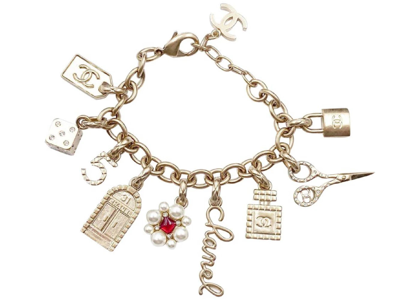 Chanel CC Scissors Flower Tag Charm Bracelet Gold
