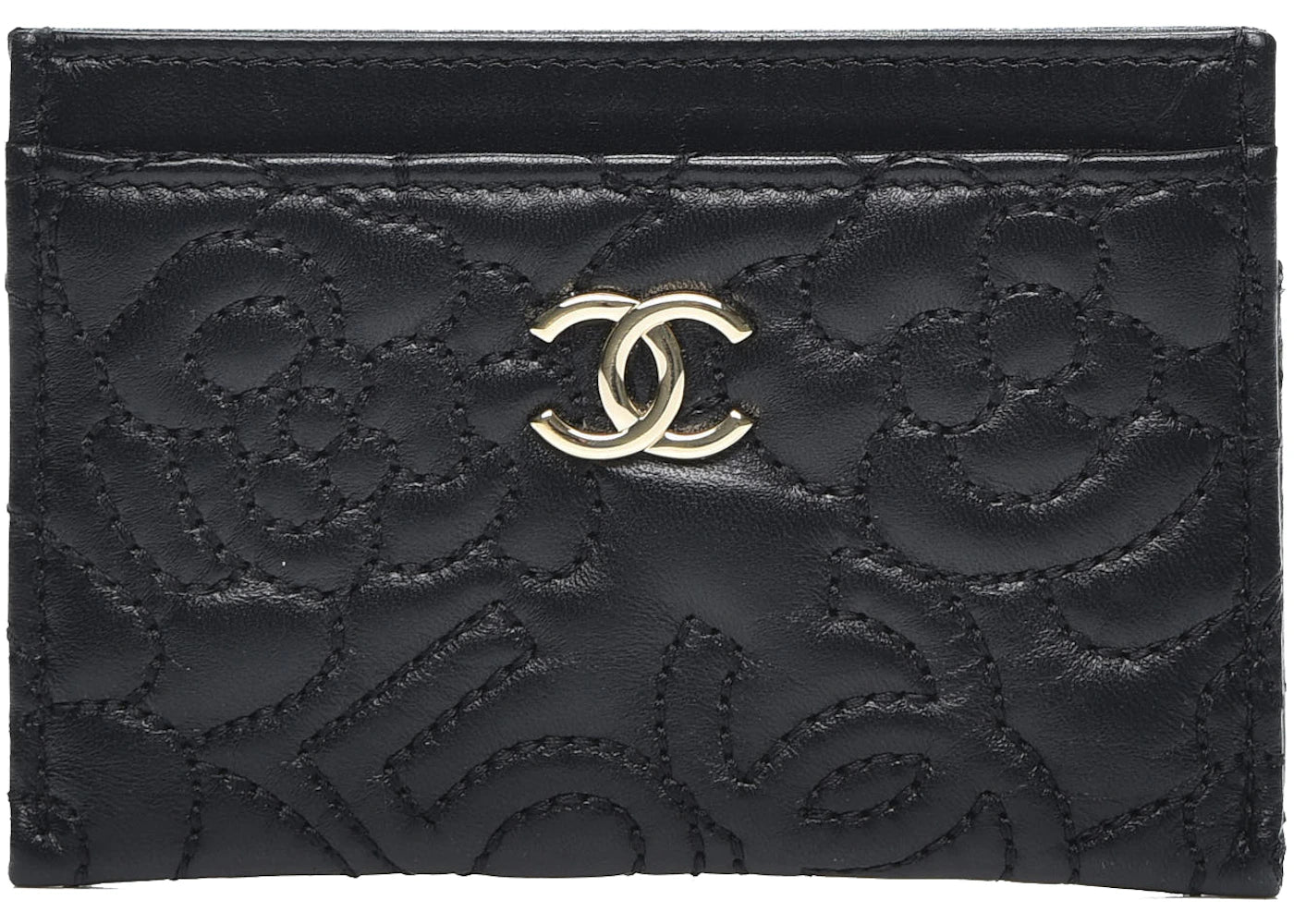 Chanel Card Holder Camellia Embossed Lambskin Black