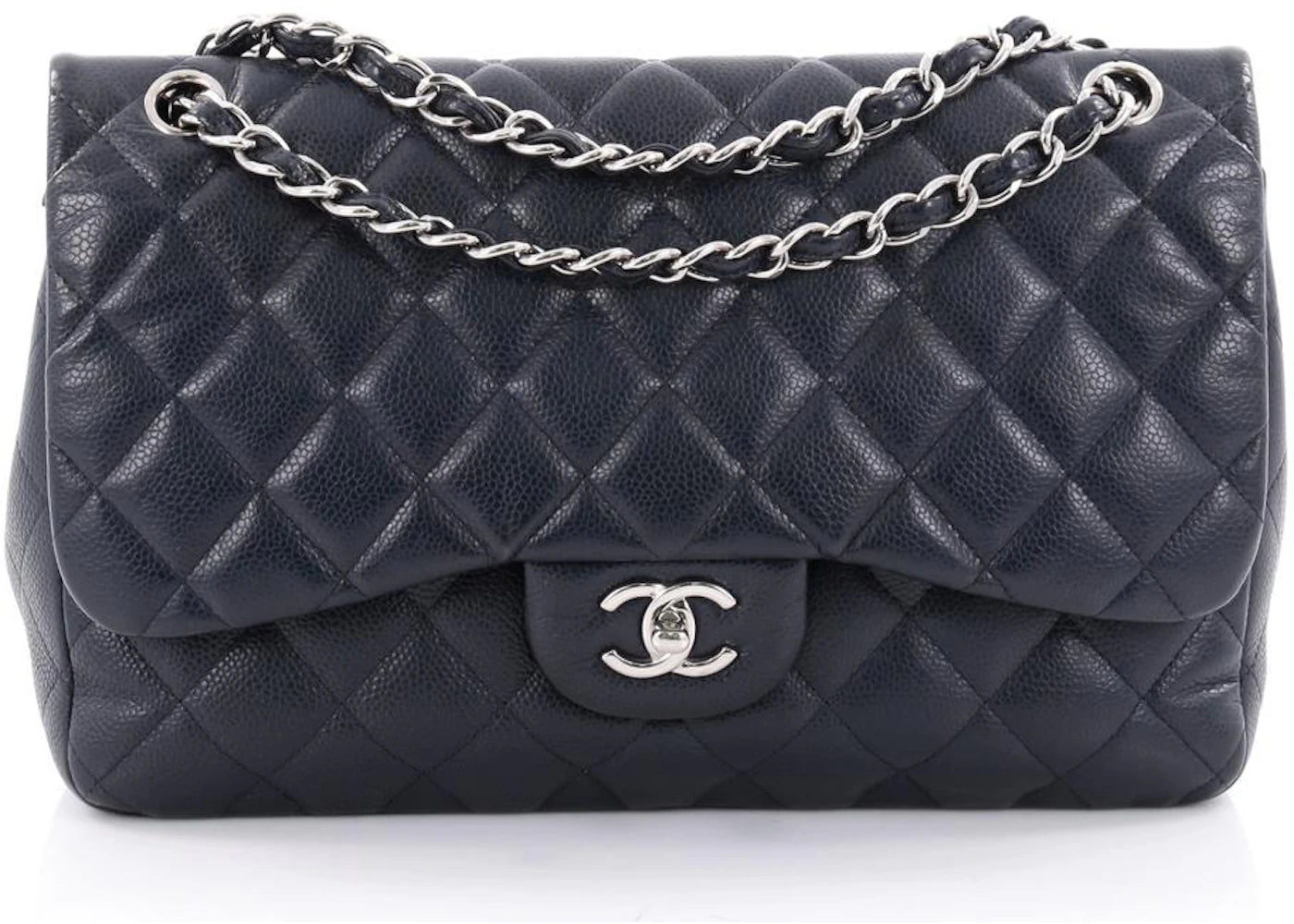 Chanel Double Classic Flap Quilted Caviar Silver-tone Jumbo Navy Blue