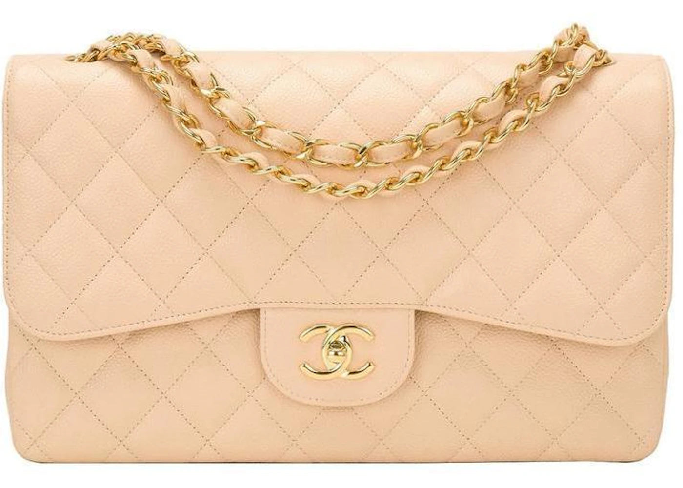 Chanel Classic Double Flap Quilted Caviar Gold-tone Jumbo Beige