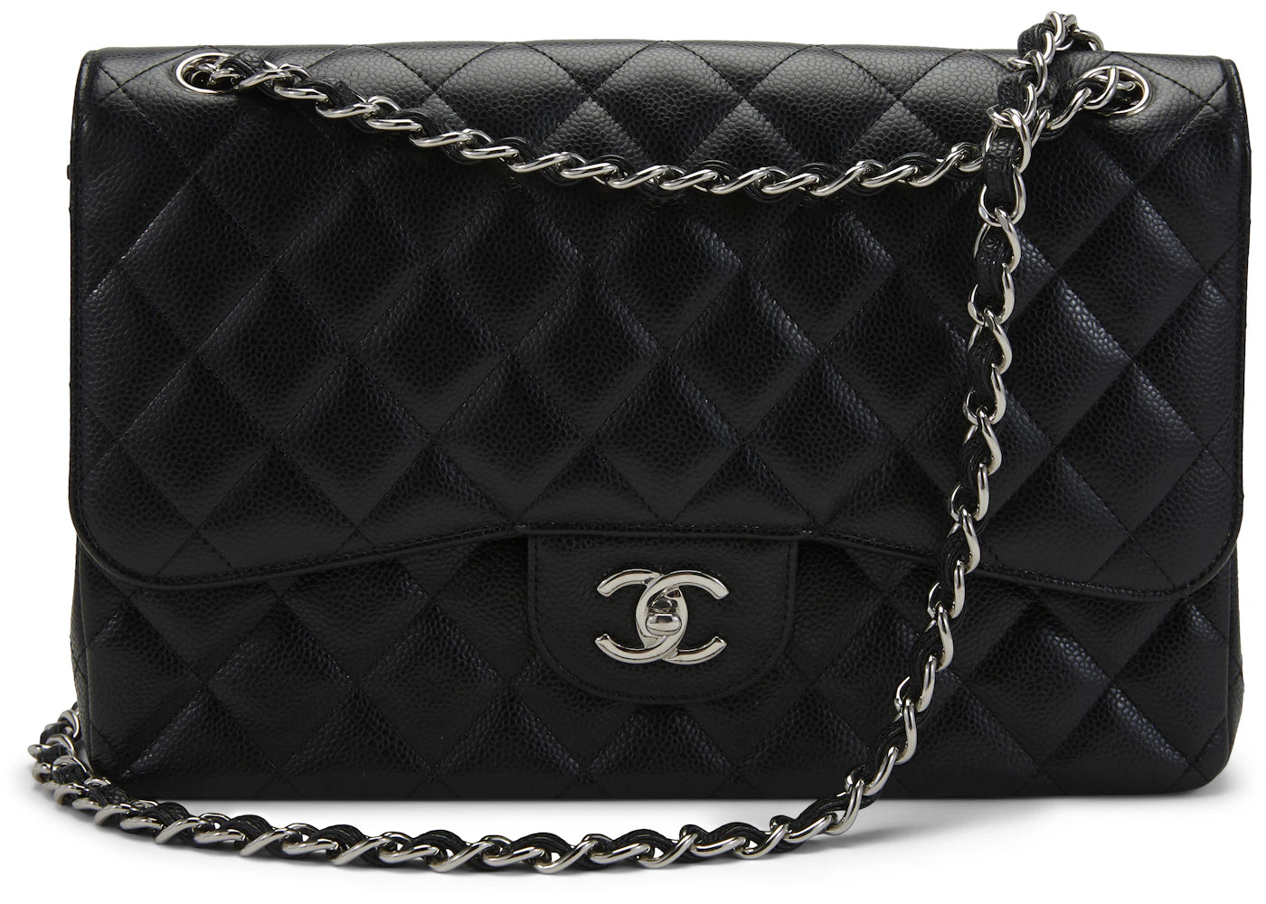 Chanel Classic Double Flap Quilted Caviar Silver-tone Jumbo Black