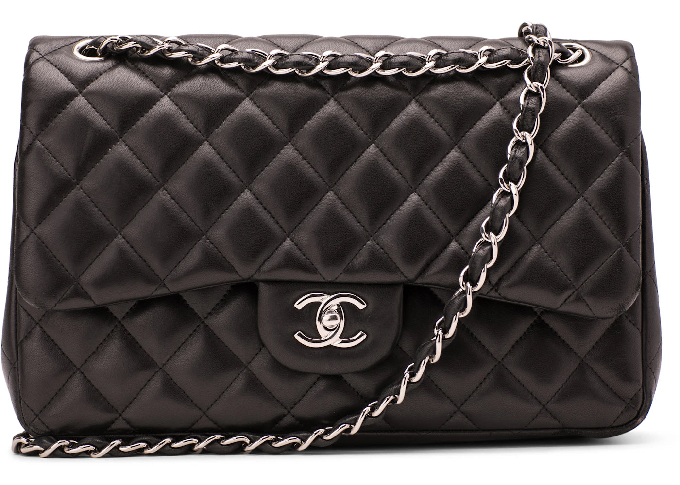 Chanel Classic Double Flap Quilted Lambskin Silver-tone Jumbo Black
