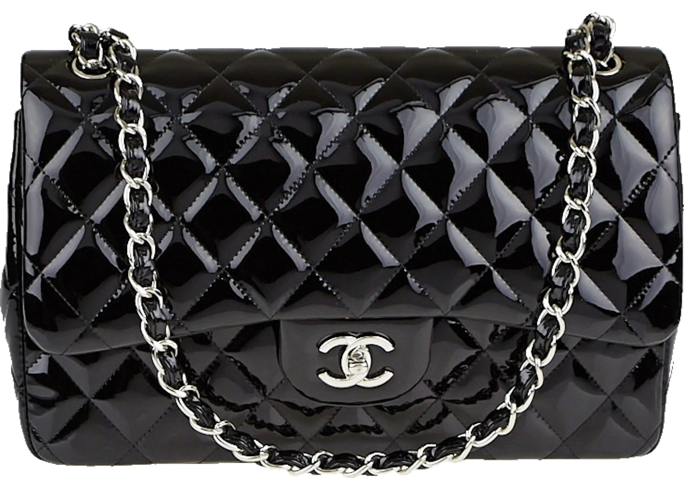 Chanel Classic Double Flap Quilted Patent Leather Silver-tone Jumbo Black