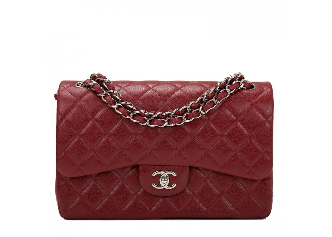Chanel Classic Double Flap Quilted Caviar Silver-tone Jumbo Dark Red