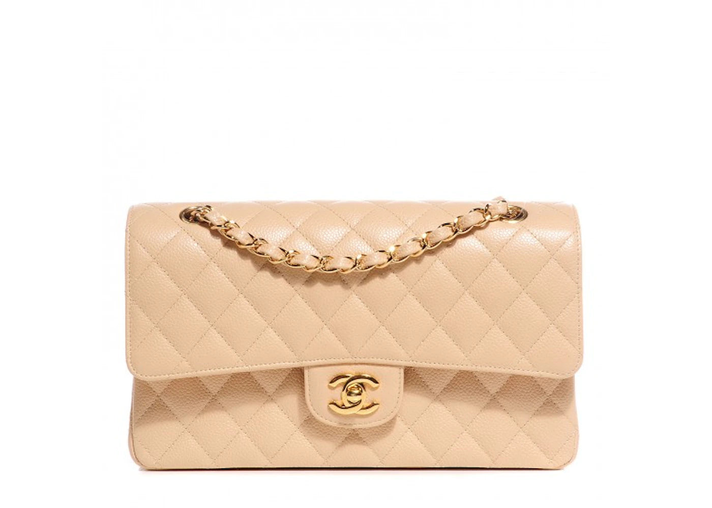 Chanel Classic Double Flap Quilted Caviar Gold-tone Medium Beige Clair