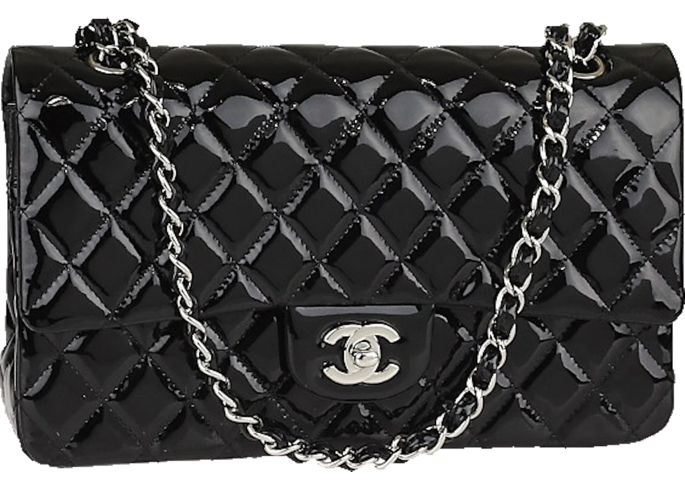 Chanel Classic Double Flap Quilted Patent Leather Silver-tone Medium Black