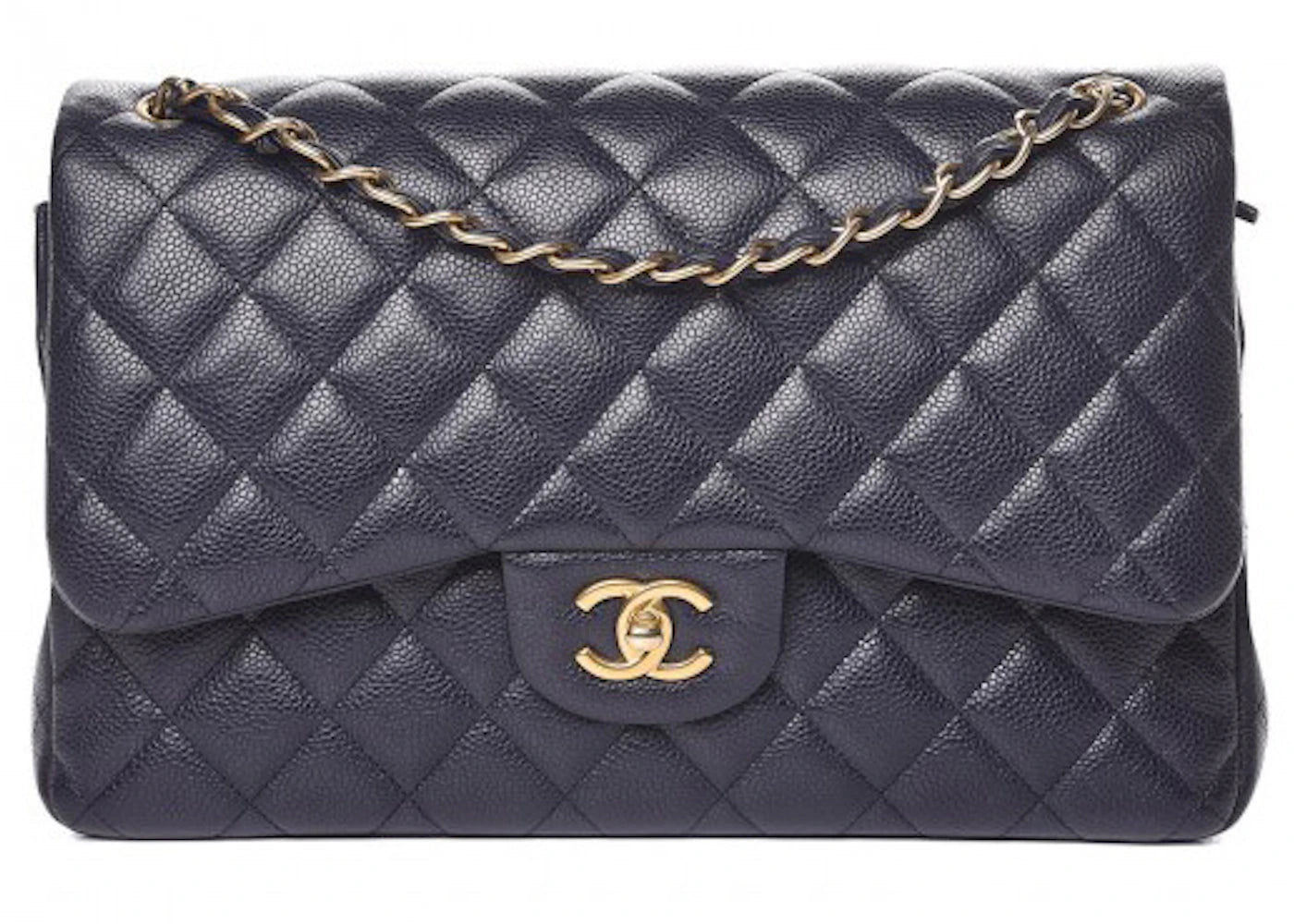 Chanel Classic Double Flap Quilted Caviar Gold-tone Jumbo Navy