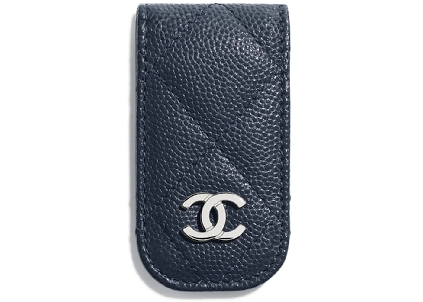 Chanel Classic Money Clip Grained Calfskin Silver-tone Navy Blue