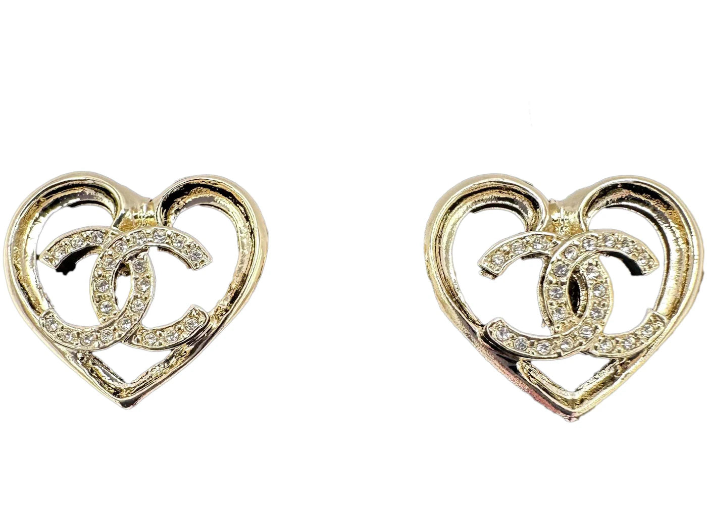 Chanel Crystal CC Logo Heart Stud Earrings ABA103 Light Gold/Crystal