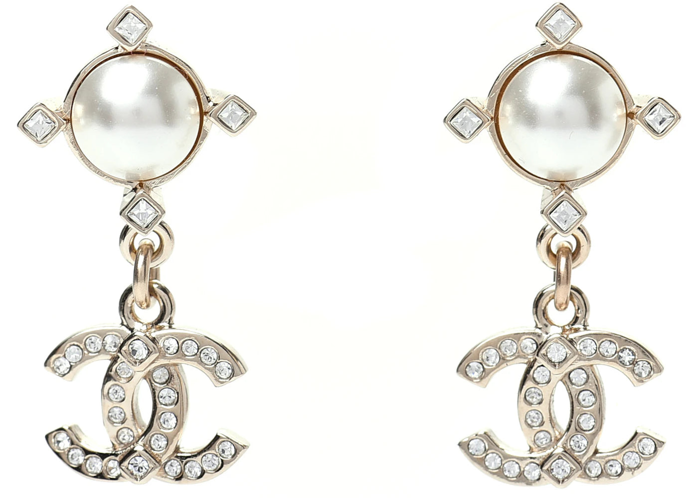 Chanel Crystal Pearl CC Drop Earrings Gold