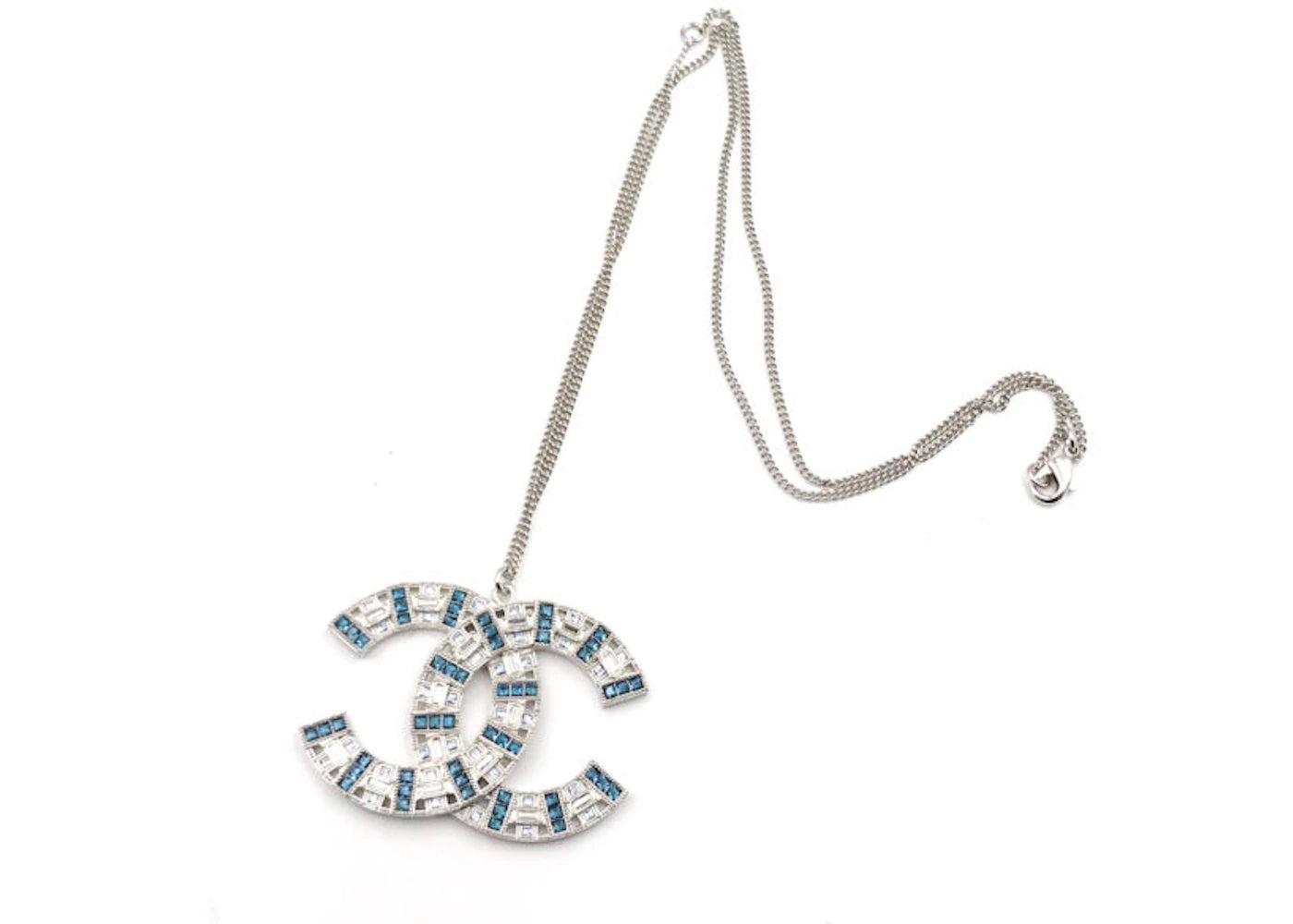 Chanel Crystal Pendant Necklace Large Light Blue/Silver