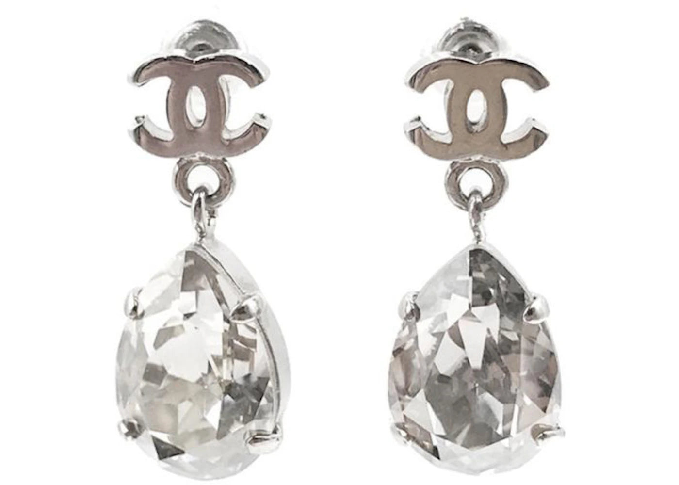 Chanel Crystal Teardrop Earrings Silver-tone