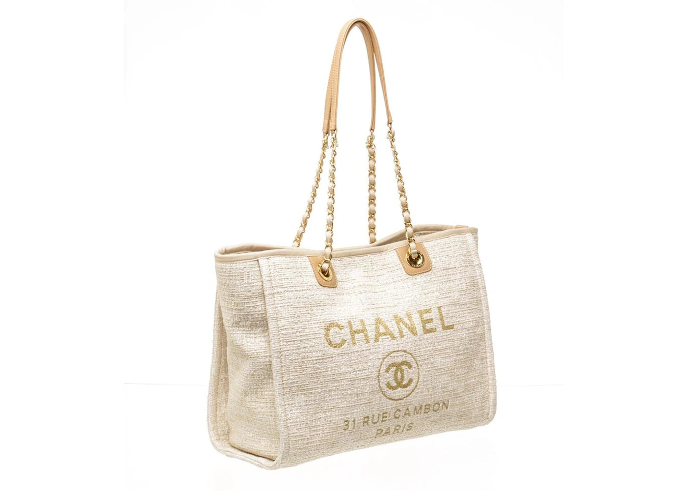 Chanel Deauville Tote Canvas Gold-tone Small Beige