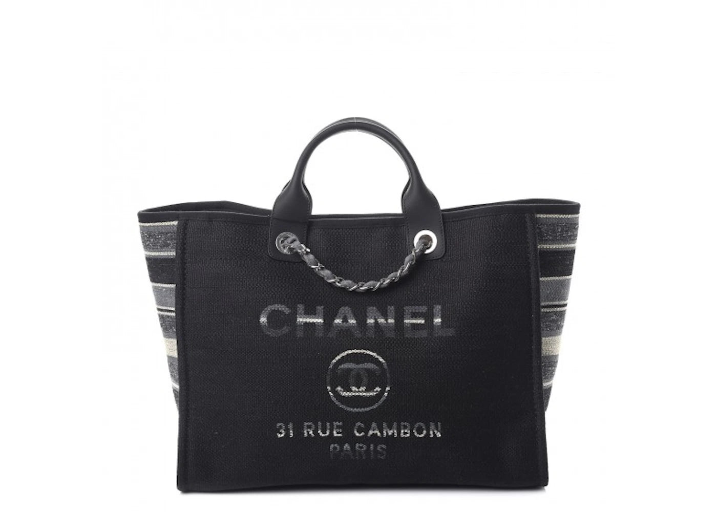Chanel Deauville Tote Striped Canvas Silver-tone Large Black