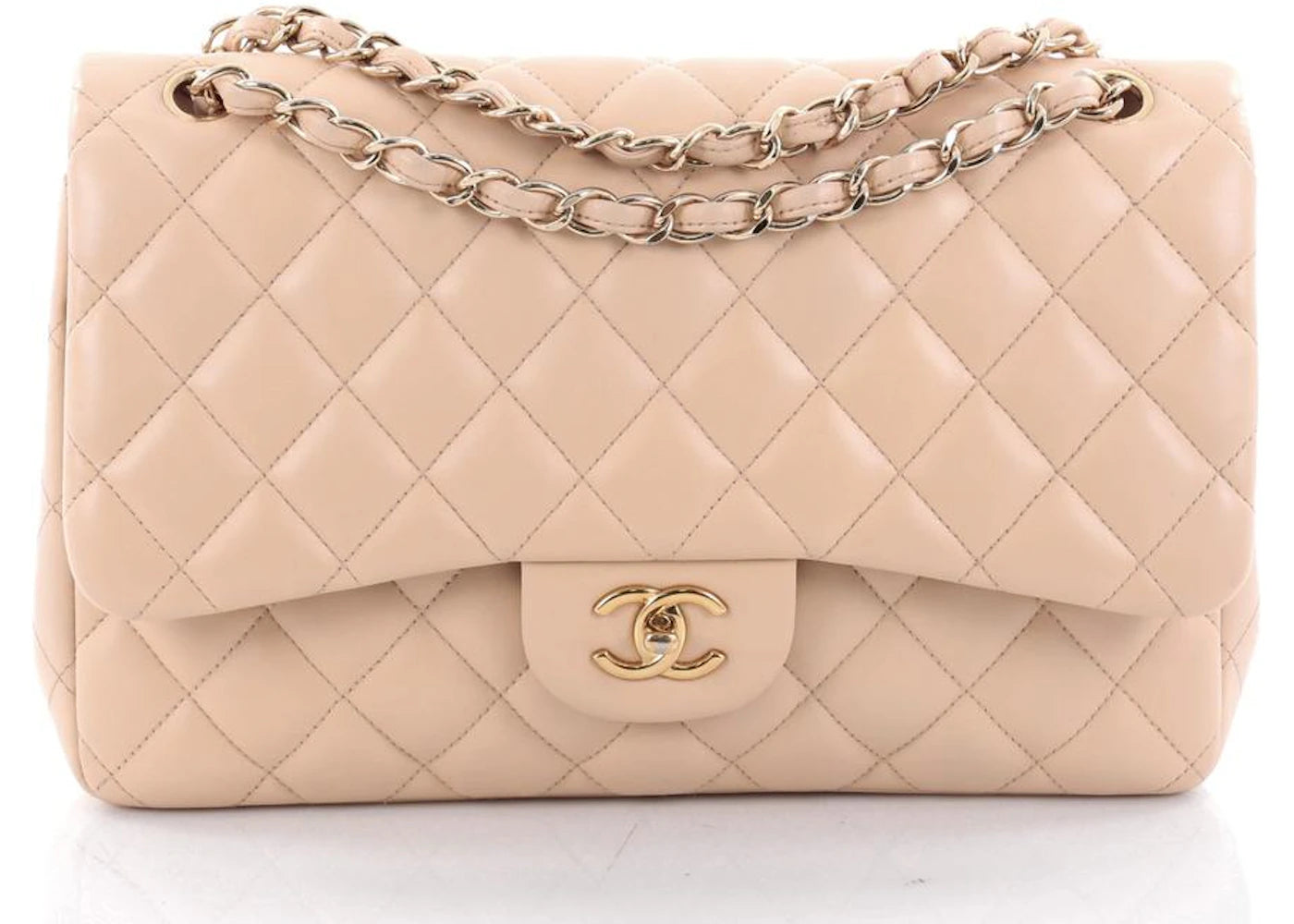 Chanel Double Flap Quilted Diamond Jumbo Silver-tone Beige