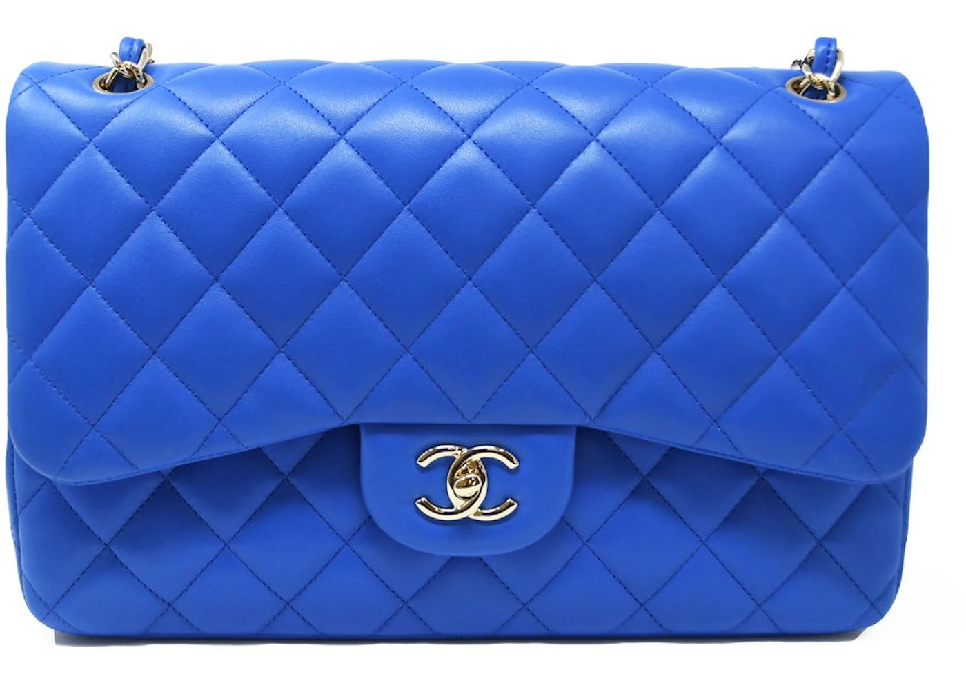 Chanel Double Flap Quilted Lambskin Gold-tone Jumbo Bright Blue