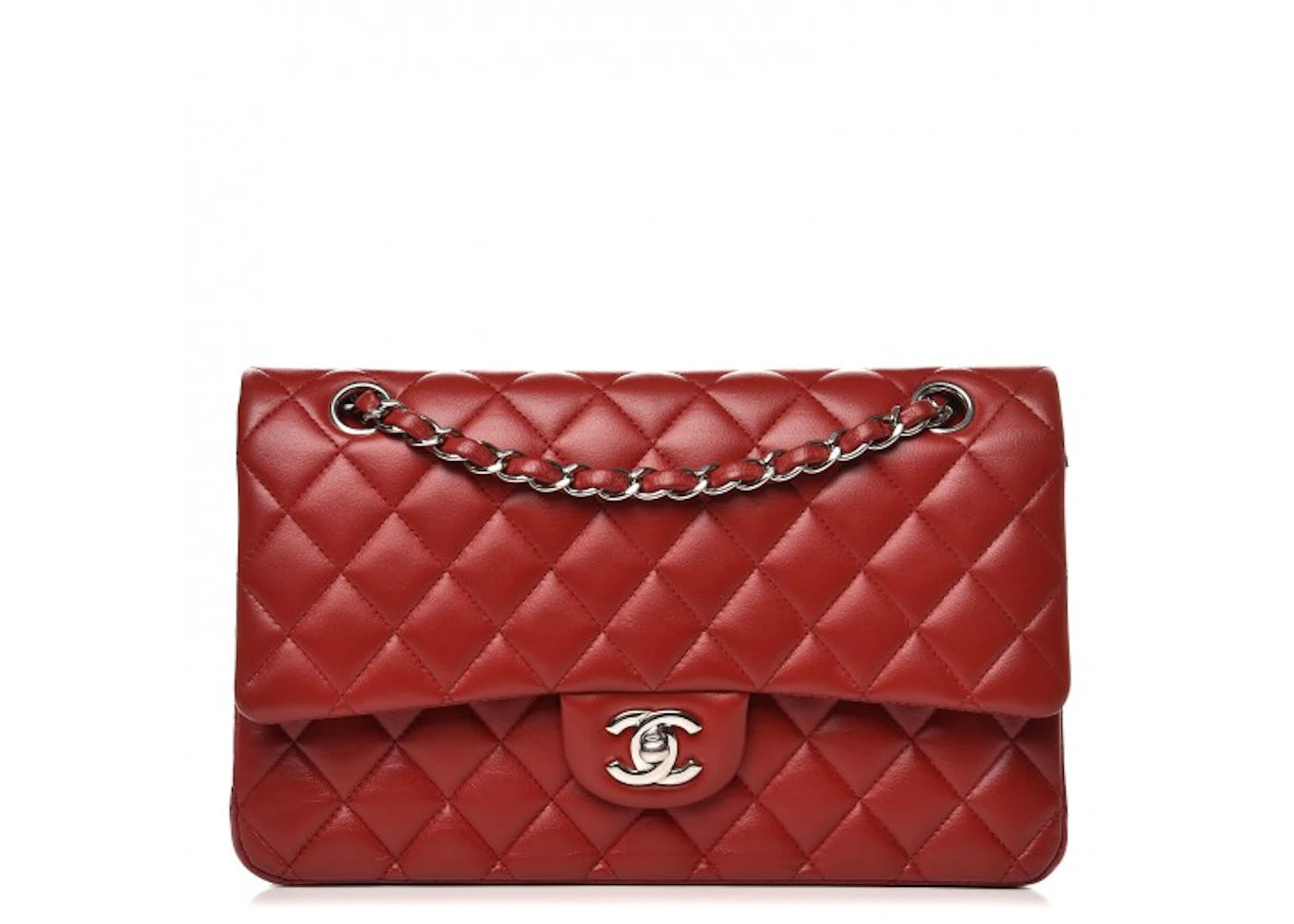 Chanel Double Flap Quilted Lambskin Silver-tone Medium Red
