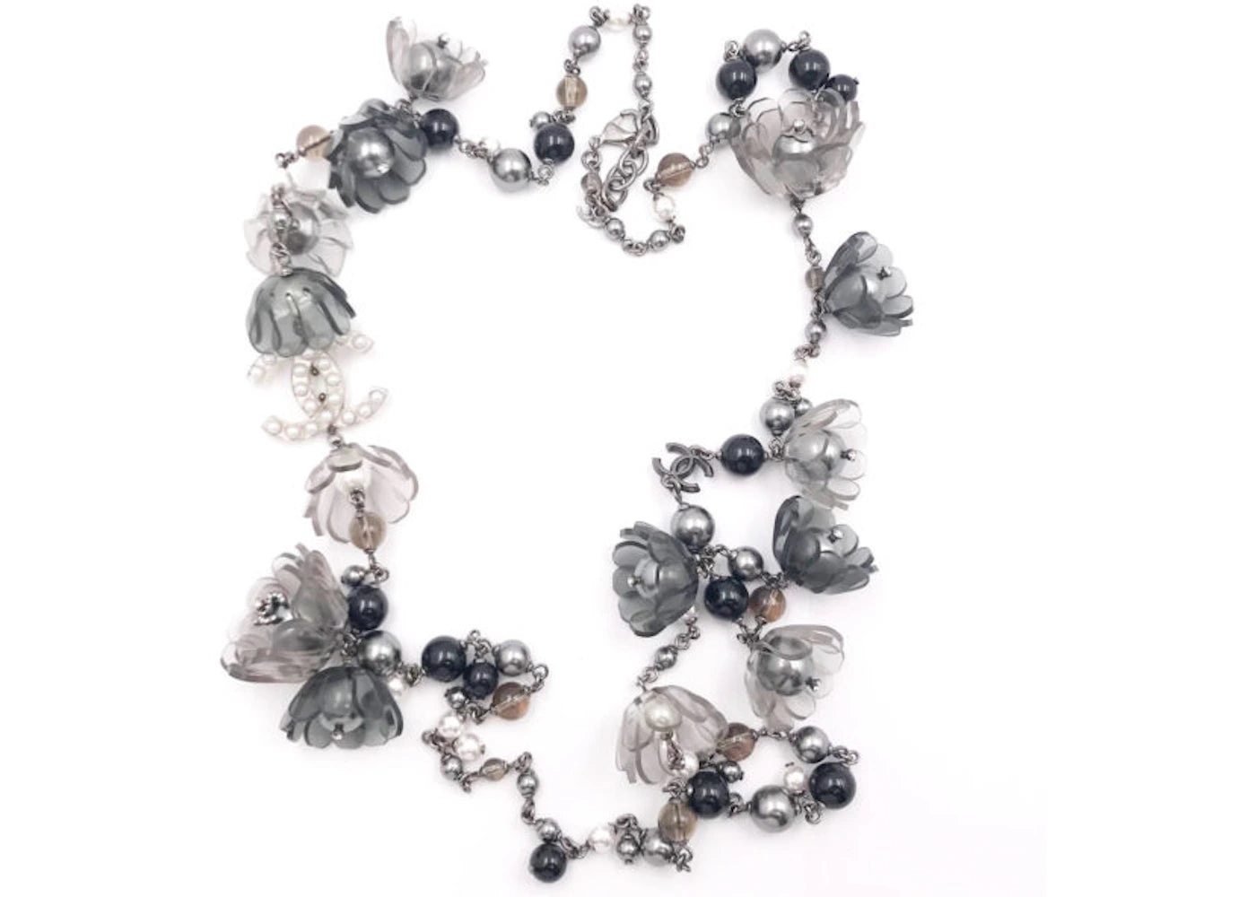 Chanel Faux Pearl Flower Necklace Long Glack/Grey