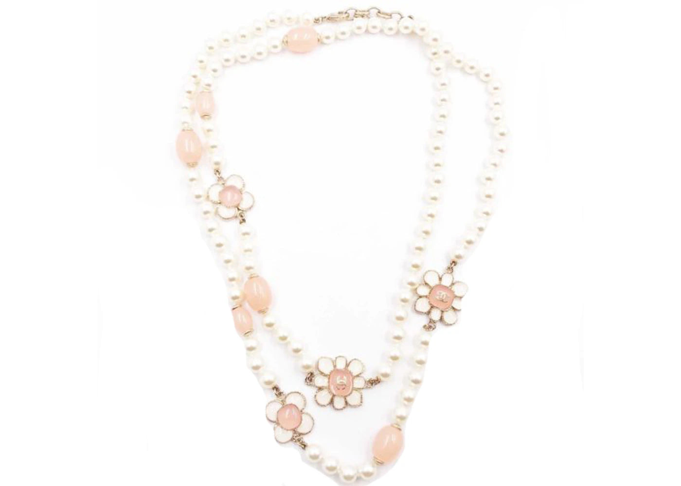 Chanel Faux Pearl Flower Necklace Long White/Pink