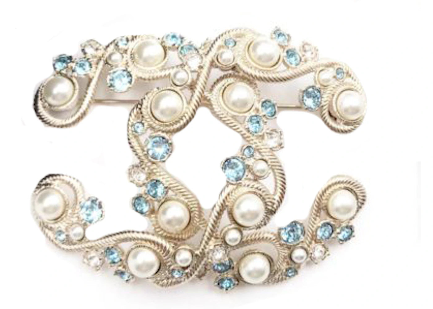 Chanel Filigree Brooch Crystal Pearl Large Gold/Blue