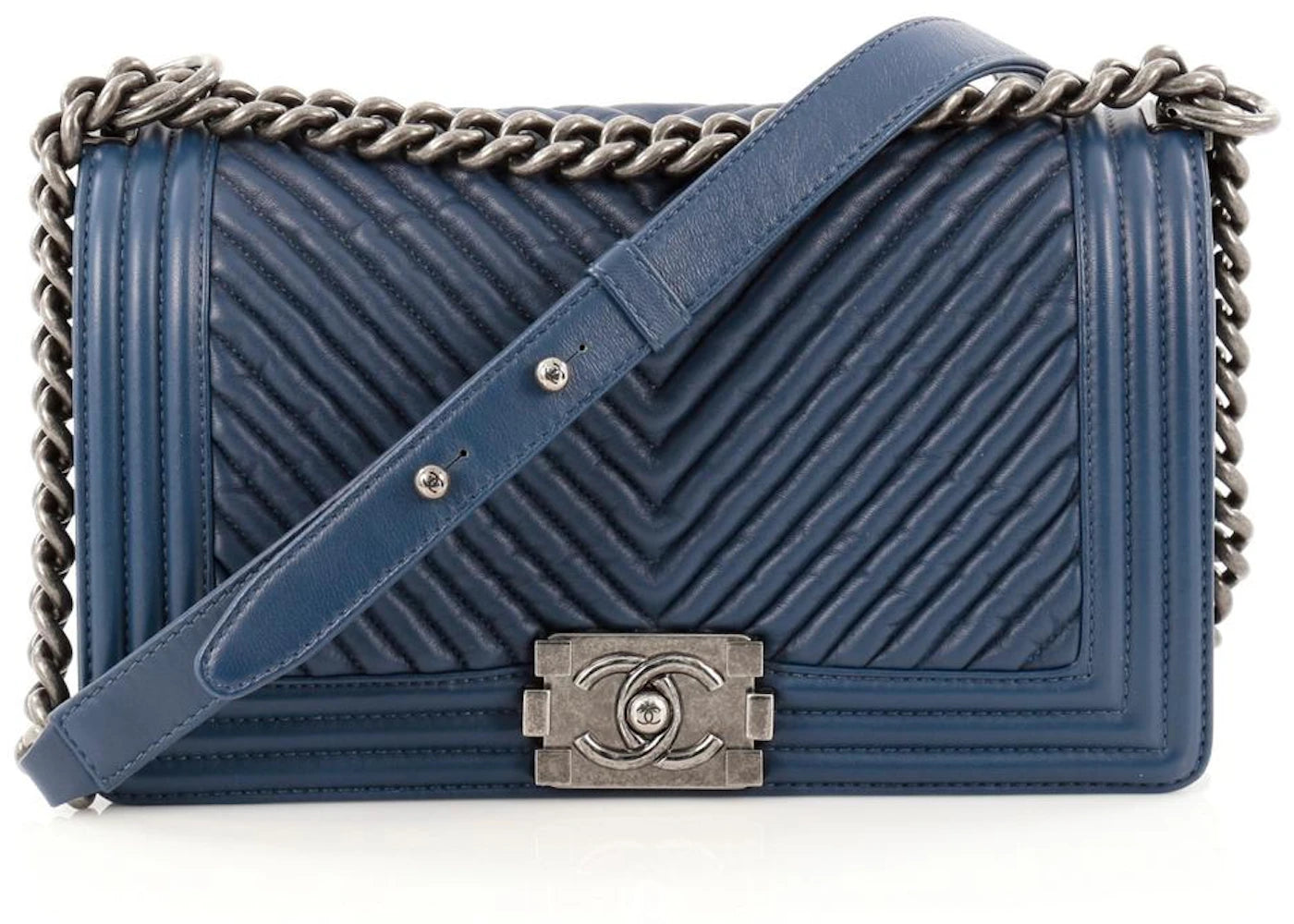 Chanel Boy Flap Bag Quilted Chevron Wrinkled Old Medium Navy Blue