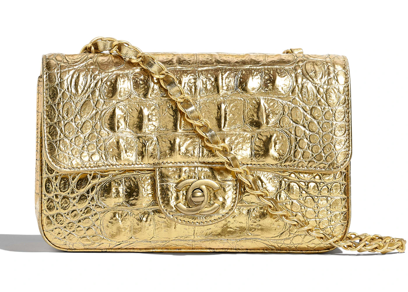 Chanel Flap Bag Metallic Crocodile Emobssed Calfskin Gold-tone Mini Gold