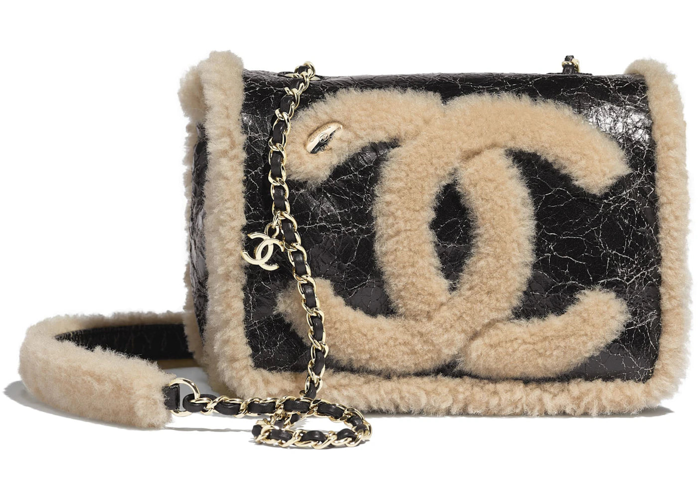 Chanel Flap Bag Shearling CC Black/Beige