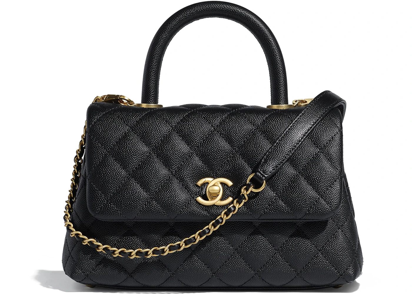 Chanel Flap Bag Top Handle Quilted Grained Calfskin Gold-tone Small Black