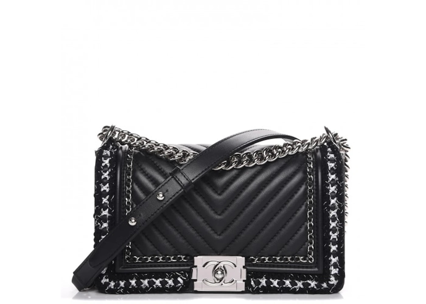Chanel Boy Flap Chevron Quilted Medium Silver-tone Black