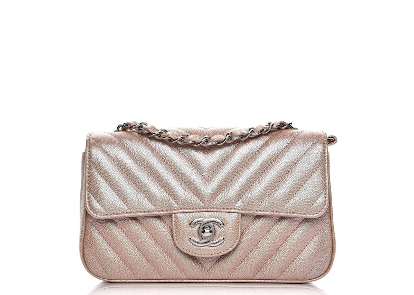 Chanel Rectangular Flap Chevron Iridescent Caviar Silver-tone Mini Light Gold