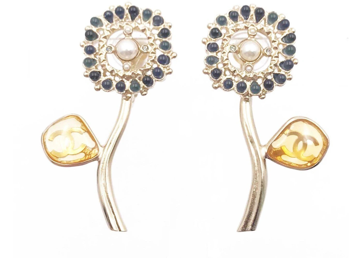 Chanel Flower Clip On Earrings Blue/Silver