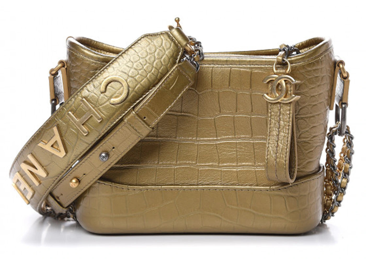 Chanel Gabrielle Hobo Bag Crocodile Emobssed Calfskin Small Gold